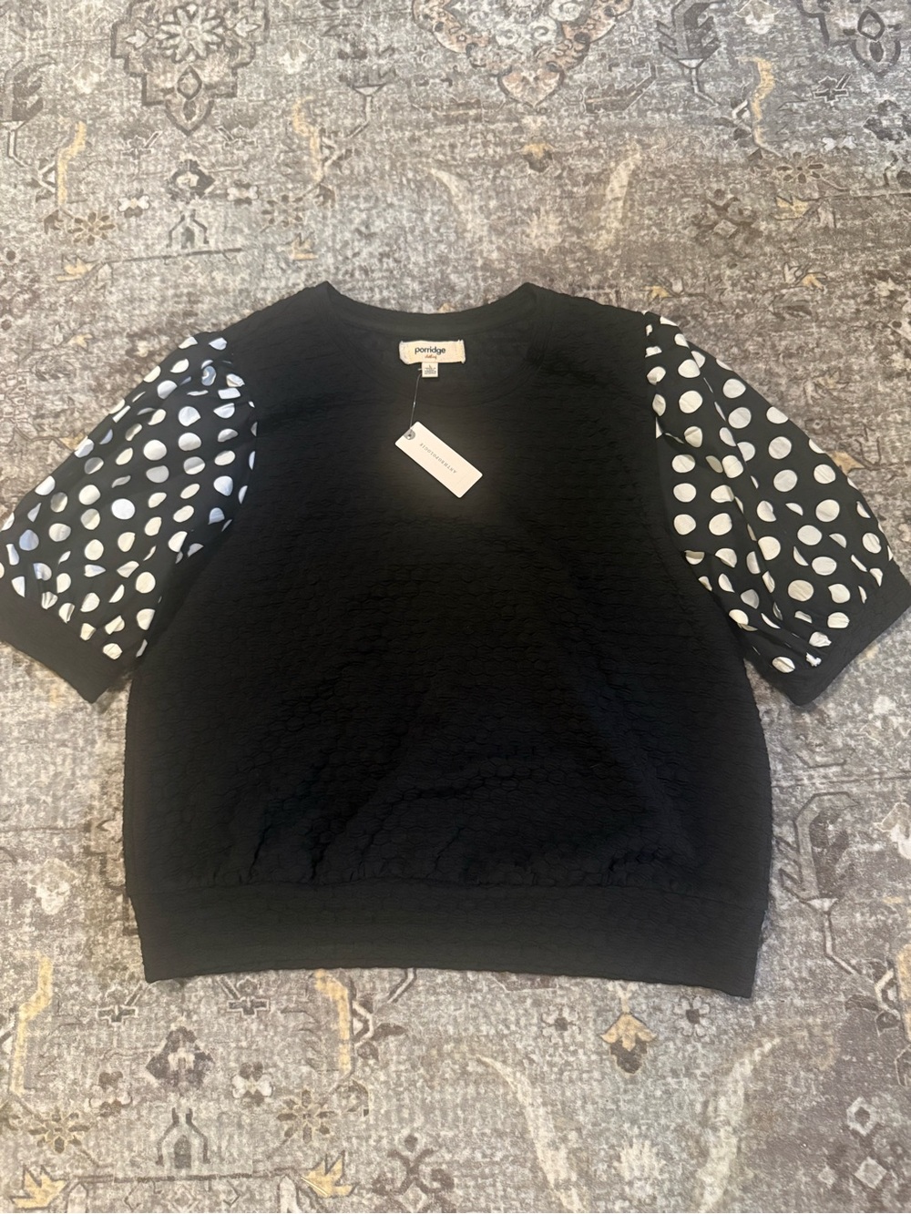 NEW Anthropologie Porridge Puff-Sleeve Polka Dot Black Knit Top - Picture 11 of 12